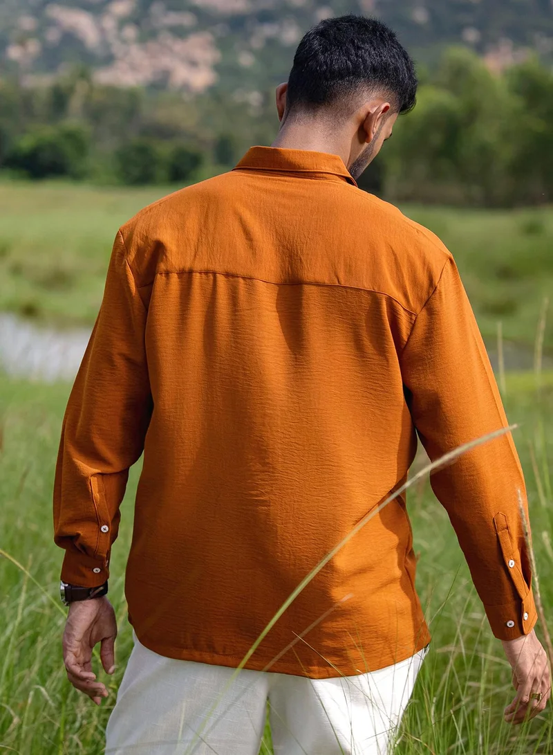 CAHOOT  Men's Rust Orange Breezy Wrinked Shirt For Casual Wear | Spread Collar | Long Cuffed Sleeves | Button Closure | Shirt Crafted With Comfort Fit For Everyday Wear for Men | Best Price UAE